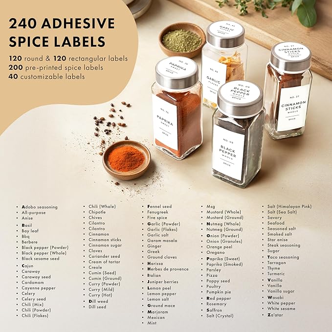 Minimalist Spice Jar Labels Self-Adhesive - 240 Stickers for Spice Jars, Spice Jars & Drawers, Round & Rectangular, Waterproof Spice Organiser Labels for Kitchen Organisation (White)