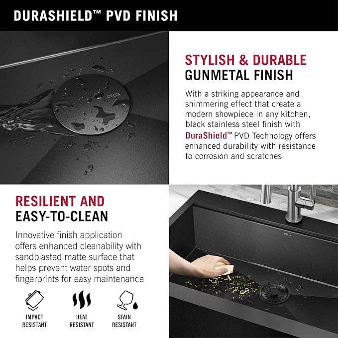 DELTA FAUCET Rivet 30 Inch Black Stainless Steel Retrofit Farmhouse Apron Front 16 Gauge Workstation Kitchen Sink/PVD Gunmetal Finish w/ Accessories for Top Mount Drop-In Installation,95D9031-T30S-GS