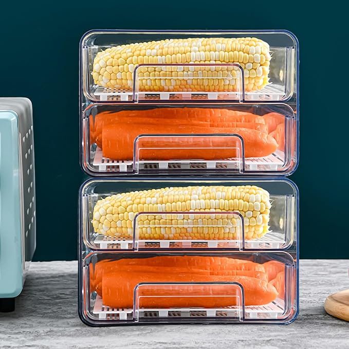 Fridge Drawer 2 Layer Pull-Out Transparent PET Fridge Drawer Organizer Stackable Fresh Keeping Refrigerator Organizer ...