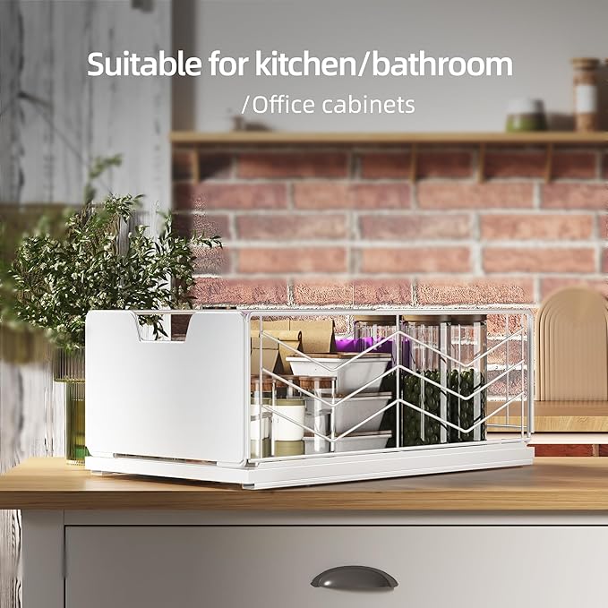 NETEL 2 Pack Pull Out Cabinet Organizer, No Drill Slide Out Drawers for Kitchen Cabinets, Peel and Stick Pull Out Drawers, Kitchen Cabinet Organizer,White,11.8" W X 20.86" D X 6.9" H