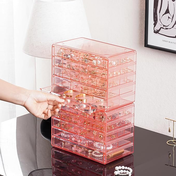 ProCase Acrylic Earrings Holder Organizer Box, Large Clear Earring Jewelry Storage Transparent Stackable Drawers Jewelry Display for Earring Ring Bracelet -Pink, 10 Layers