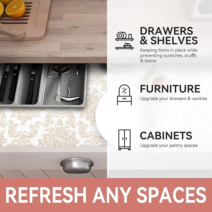 RAY STAR Cabinet Liner, 18 Inch x 16 Feet Shelf Paper for Kitchen Cabinets Non Adhesive Non Slip Grip Bottom Removable Shelf Liner Waterproof Vinyl Mat for Pantry Drawer Under Sink (Gold Damask)
