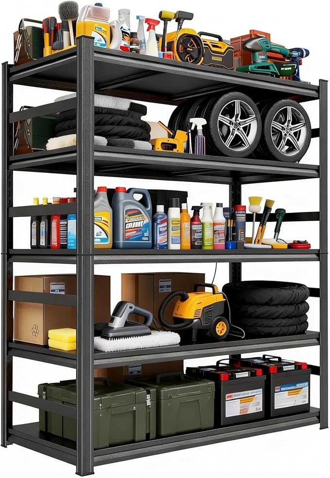 Heavy Duty Garage Shelving, 87" H x 47.2" W x 23.6" D, 3000 lbs Load Capacity, Sturdy Steel Metal Shelves for Storage, Industrial Black 5-Tier Shelving Rack for Garage, Basement, and Workshop
