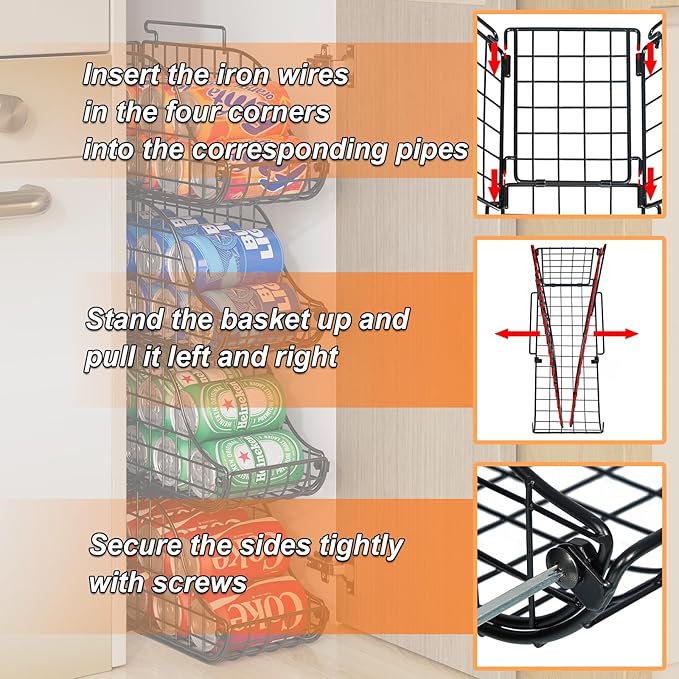 Sonyabecca 4-Pack Stackable Canned Food Organizer with Handles for Kitchen, Soda Can Organizer for Pantry Shelves, Wire Cabinet Shelf for Can Storage, Foldable Soda Dispenser, Patent Pending, Black