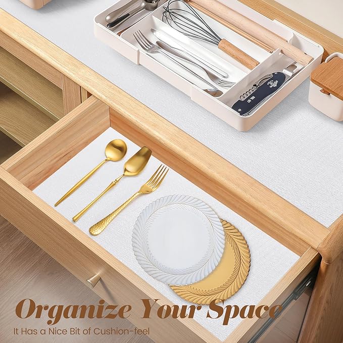 Drawer Shelf Liner for Kitchen Cabinets Non-Adhesive, Non Slip Shelf Paper Waterproof Thickened Cabinet Liners for Shelves, Strong Grip Mats for Cupboard, Dresser, Pantry, White, 23.6 in x 20 FT