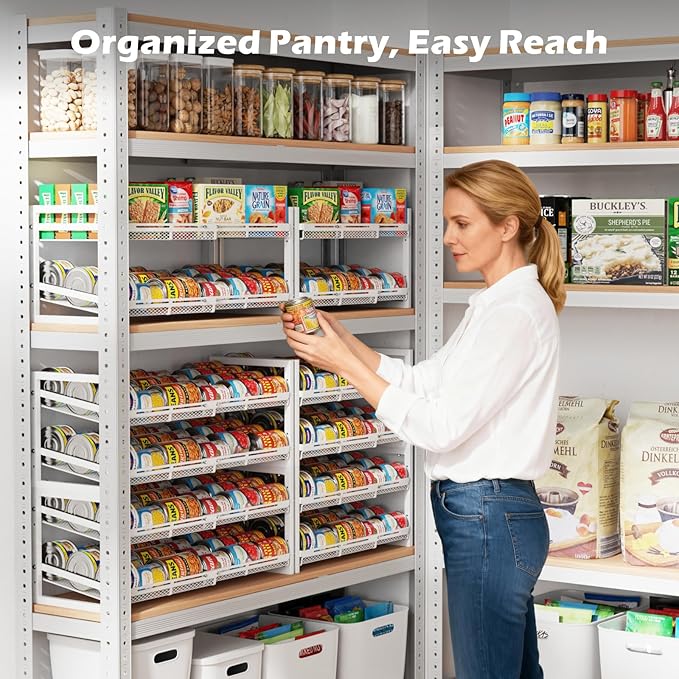 iSPECLE Extendable Can Organizer for Pantry, Adjustable Width Can Storage Organizer for 48 Cans, Heavy Duty Auto Rolling Dispenser Rack, Stackable Metal Holder for Soup Spices Snacks, White