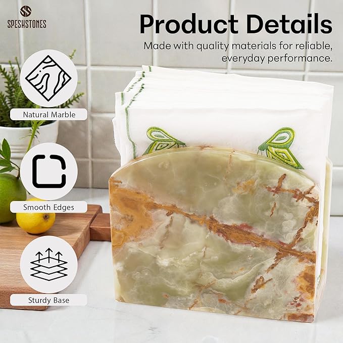 Marble Napkin Holder 6.5 Inch Handmade Green Stone Organizer for Tissue Paper & Cocktail Napkins, Ideal for Coffee Bar Table, Bathroom, Kitchen Countertop & Home Decor