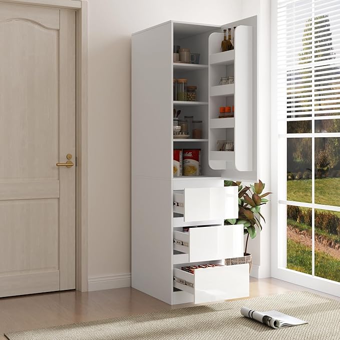 Tall Narrow Kitchen Pantry Cabinet with Drawers and Door Racks, 23.6 Inch Deep White Food Storage Cupboard for Kitchen, Deep Narrow Pantry Cabinet for Small Spaces