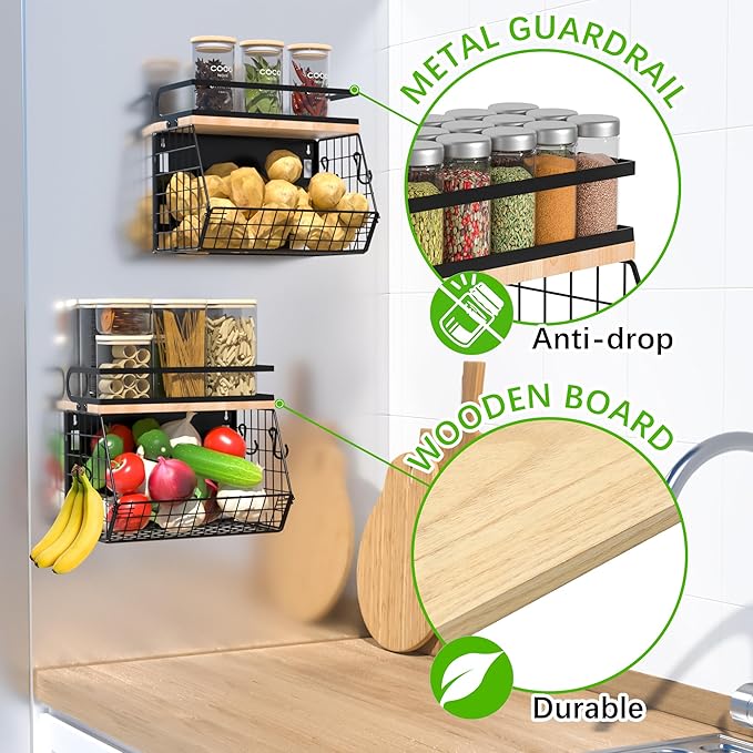 Uninol home Magnetic Shelf for Fridge with Wood Lid, Large Container Magnetic Spice Rack for Refrigerator,Fruit Potato and Onion Storage Bins, Pantry Organizers & Storage, Kitchen Counter, Cabinet