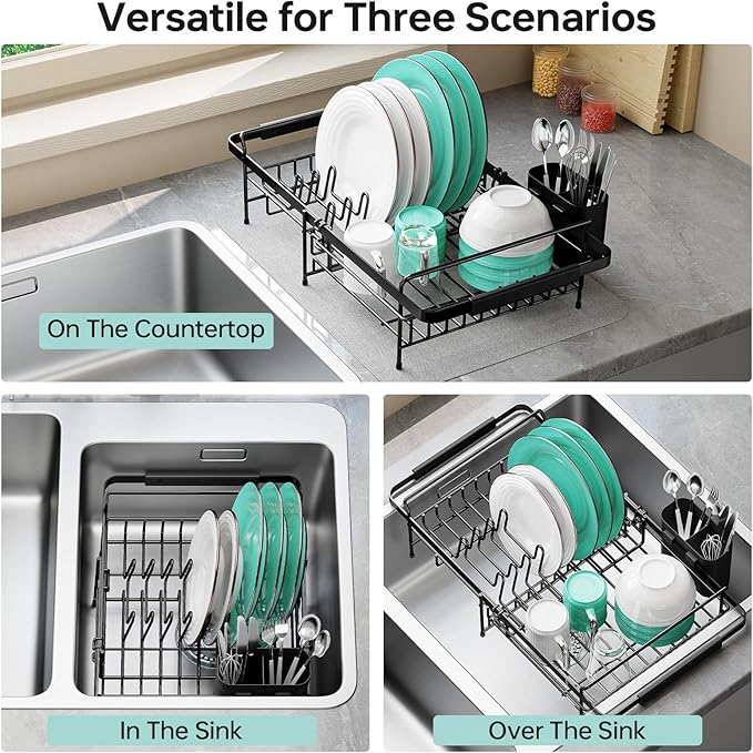 Dish Drying Rack in Sink - Expandable (14.5''-18''L) Over The Sink Dish Rack with Utensil Holder, Space-Saving Dish Drainer for Kitchen Counter, 1 Piece, Matte Black