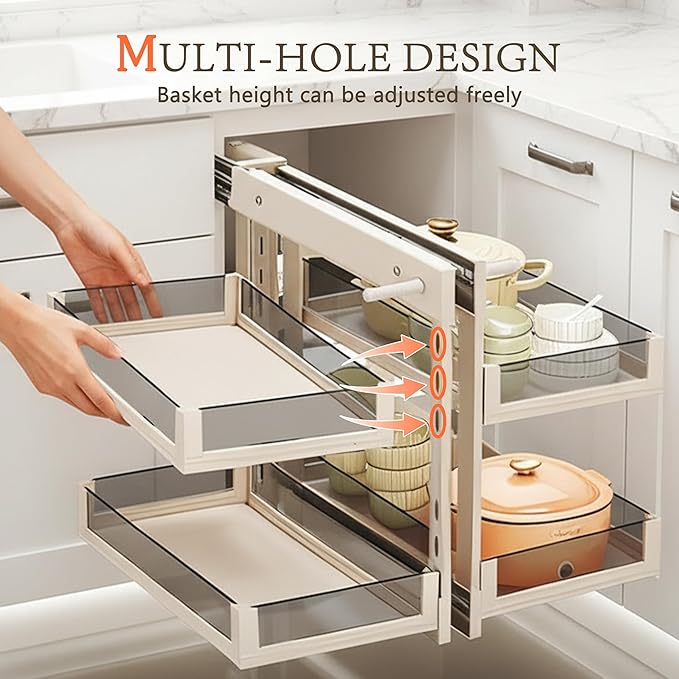 Blind Corner Cabinet Pull Out, Kitchen Corner Cabinet Organizer, 2 Tier 4 Basket Corner Optimizer, Left & Right Open Compatible, Kitchen Storage Shelf White For25.6 InteriorWidth