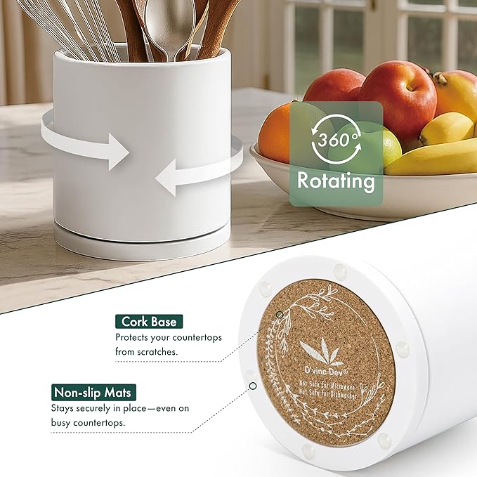 D'vine Dev 360° Rotating Utensil Holder – 7.2" Kitchen Utensil Crock for Countertop, Modern Cooking Tool Organizer for Kitchen Storage & Décor, Set of 2, White, 72-Y-A-2