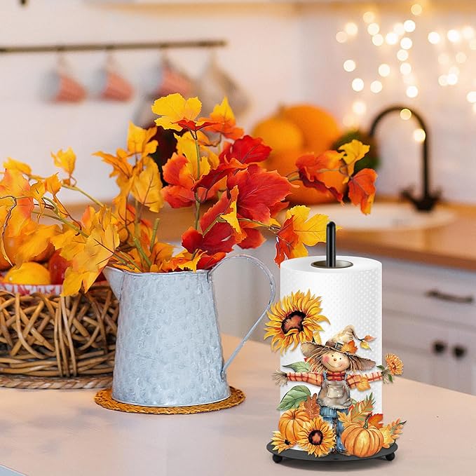 JarThenaAMCS Fall Paper Towel Holder Rustic Scarecrow Kitchen Decor Accessories Large Metal Towel Holder Stand for Autumn Thanksgiving Home Party Bathroom Countertop