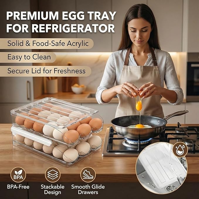 Egg Holder for Fridge, Automatic Rolling Egg Organizer for Refrigerator, Clear Plastic Storage for Refrigerator with Lid, Large Capacity Dispenser, Stackable Container (1 Layer 18 Holder Eggs)