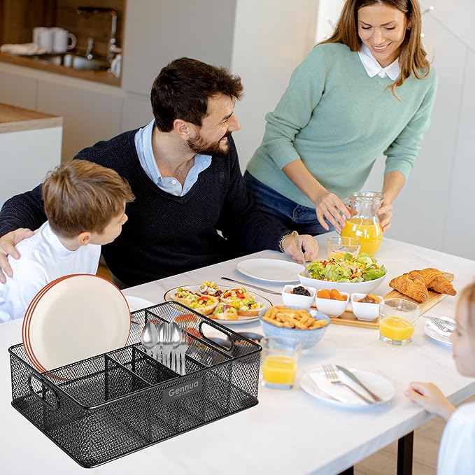 Paper Plate Organizer for Cabinet, Counter, Picnics, Parties & More, Extra Large Utensil Caddy Crafted of Thick Iron Mesh With 6 Compartments for Paper Plates & Plastic Silverware
