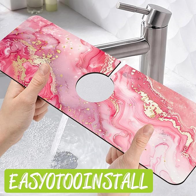 Sink Splash Guard Faucet Mat Pink Gold Marble Absorbent Fast Drying Mat Sink Gadgets Splash Guard Behind Faucet Drip Catcher for Kitchen Bathroom 15.5"X5.5"