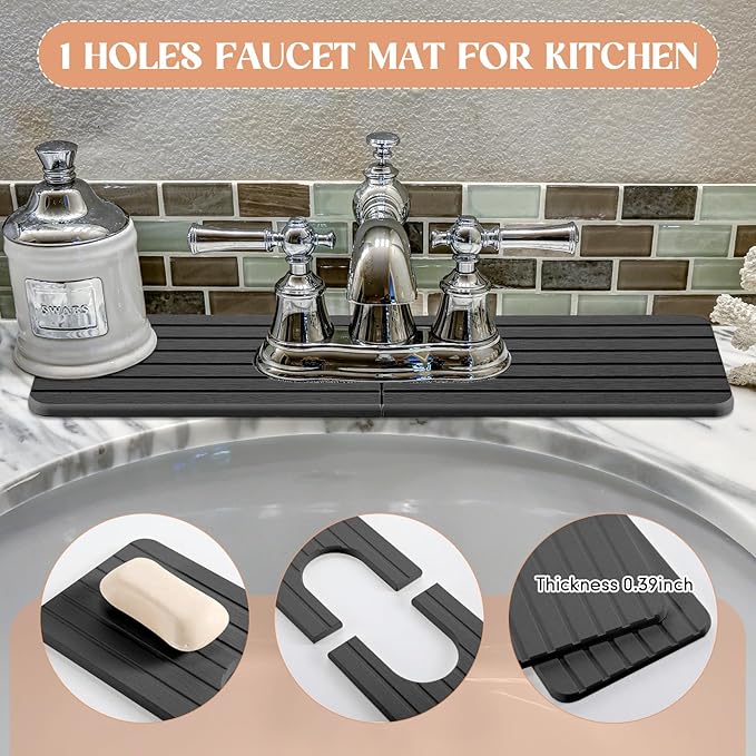 Teenyyou an Oval Hole Gray Faucet Mat for Kitchen Sink 17.32" x 4.6" Kitchen Faucet Absorbent Mat Diatomite Splash Guard for Sink Quick Drying Stone Drip Catcher for Bathroom Counter