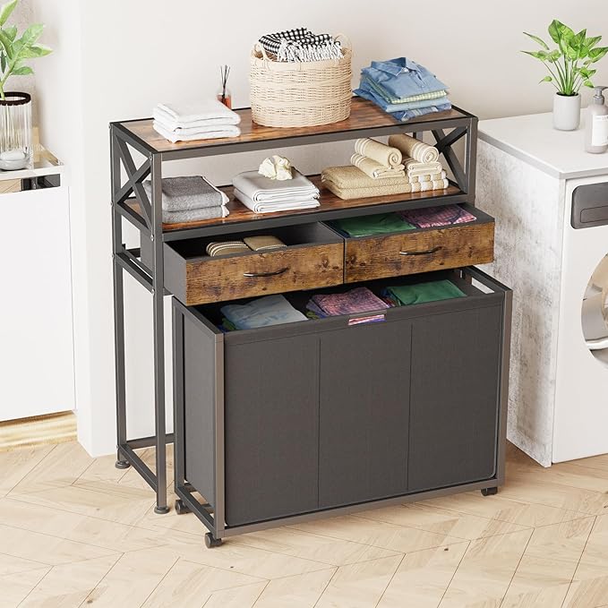 Laundry Hamper 3 Section, 150L Rolling Laundry Sorter Basket with 2 Shelves and 2 Drawers, 3 Compartment Clothes Organizer Cart with Wheels, Pull-Out Bags for Laundry Room, Bathroom, Bedroom