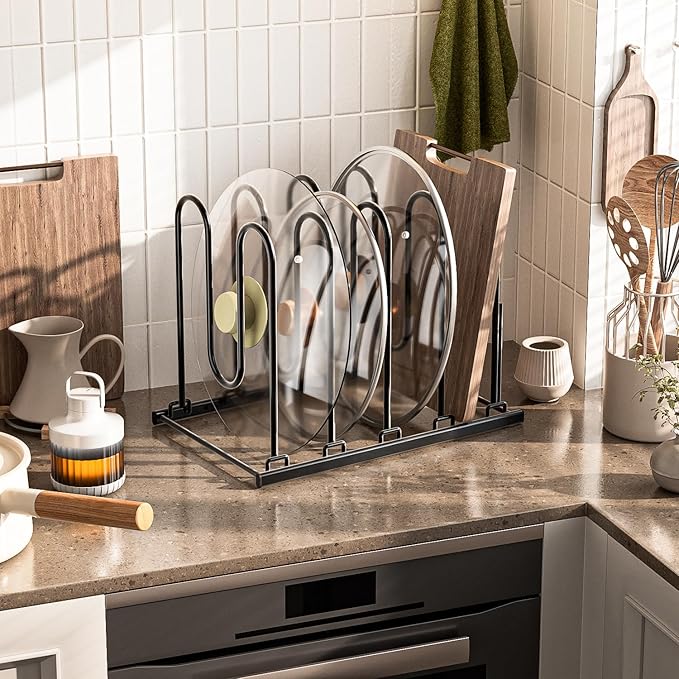 JAQ Pots and Pans Organizer, 13.18 inch Heavy Duty Pot Lids Rack Holder Adjustable Height for Muffin Tins, Baking Sheets, Skillets,Cookware,Bakeware in Cabinets Shelf Countertop Pantry-Black