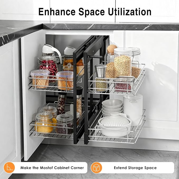 Blind Corner Cabinet Pull Out Home Kitchen Slide Out Storage Organizer Corner Pull-Out Basket Widen Cabinet Organizer Double-Layer Bowls Storage Shelf