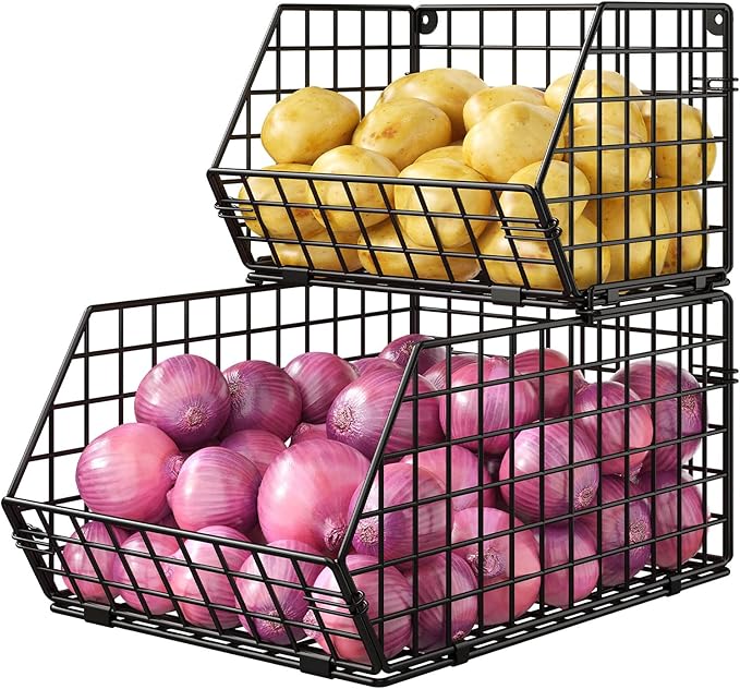 2-Tier Stackable Potato and Onion Storage Bin, Vegetable Storage Bins - Wire Baskets for Pantry Organization, Ventilated Baskets for Kitchen Countertop Hold Fruit, Produce, Snack, Can & Bread