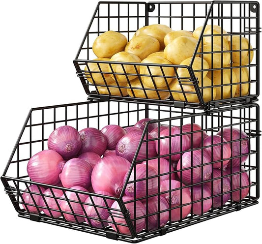 2-Tier Stackable Potato and Onion Storage Bin, Vegetable Storage Bins - Wire Baskets for Pantry Organization, Ventilated Baskets for Kitchen Countertop Hold Fruit, Produce, Snack, Can & Bread