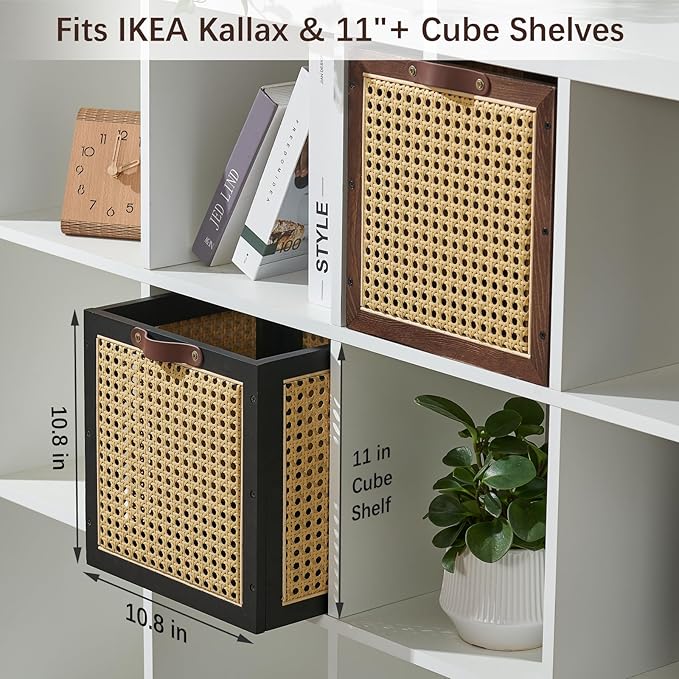 Rattan Storage Cubes Wooden Storage Baskets Boxes Decorative Natural Handmade Bohemian Solid Wood Woven Wicker Cane Bin Closet Shelf Clothes Organizer Books Magazine Holder (Walnut)