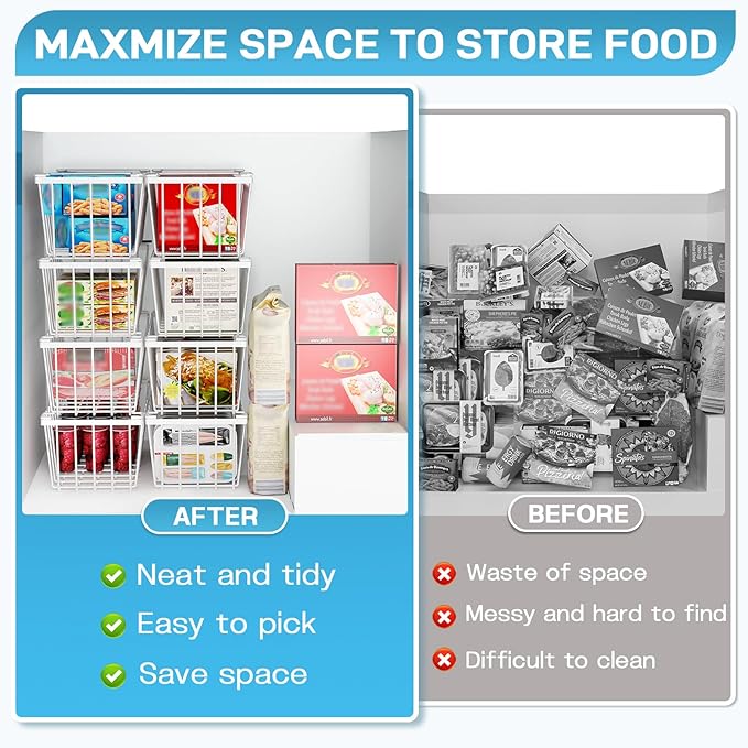 Freezer Organizer Bins, 4 Pack Chest Freezer Organizer Stackable for 5-7 Cu.FT Deep Freezer Sort Frozen Meats and Food, Freezer Storage Baskets with Handles Easy Reach from Bottom, White