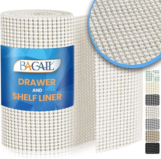 BAGAIL Drawer and Shelf Liner, 12 in X 10 Ft Non-Adhesive Shelf Liners for Kitchen Cabinets, Thick Strong Grip Liners for Desk, Shelves, Bathroom Drawers, Cabinet Protection - White