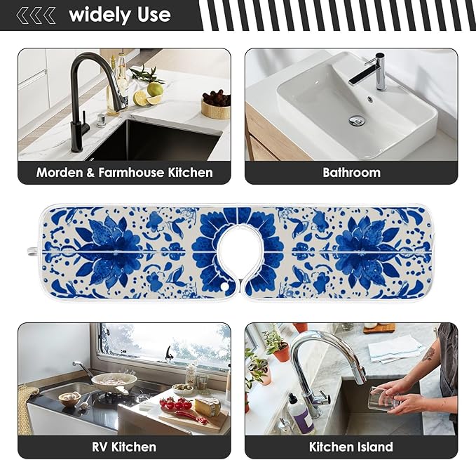 2 PCS Kitchen Sink Splash Guard 14.9 Inch Faucet Mat for Kitchen Sink Bathroom Sink Faucet Absorbing Drip Drain Mat Pad Microfiber Soft Washable Floral Blue and White Tile