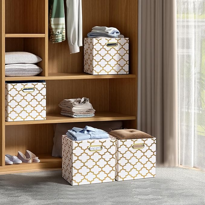 Posprica 13x13x13 Storage Cube Bins, Collapsible Storage Bins Fabric Storage Cubes Organizer Baskets Box Drawers for Shelves, Closet, Wardrobe, Bookshelf, Cabinet, Cream/Gold Lantern, 4 Pack