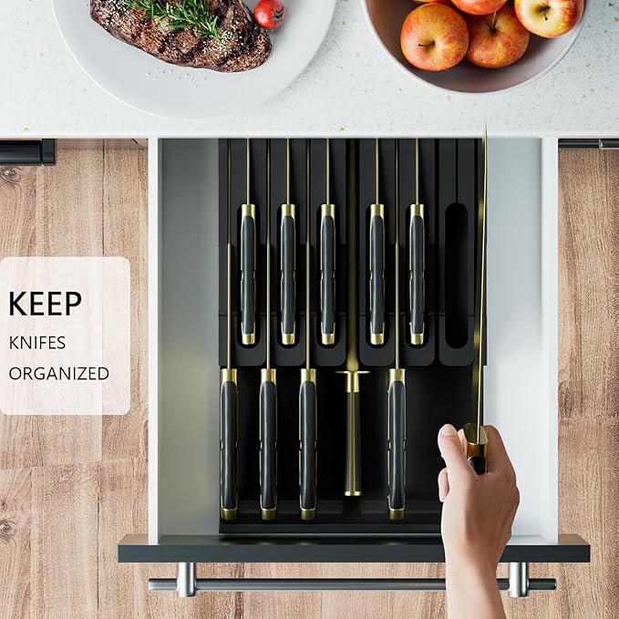 Domax Bamboo In-drawer Knife Block - Knife Drawer Organizer Insert Large Handle Steak Knife Holder, Kitchen Drawer Knife Organizer Fits for 12 knives and 1 Sharpening Steel (Not Included), Black