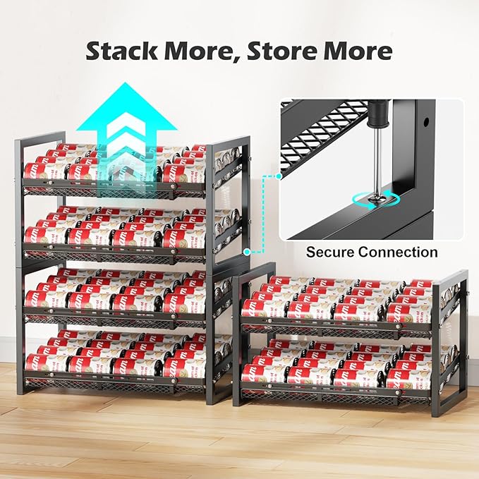 iSPECLE Extendable Can Organizer for Pantry, Adjustable Width Can Storage Organizer for 96 Cans, Heavy Duty Auto Rolling Dispenser Rack, Stackable Metal Shelf for Soup Spices Snacks, Black