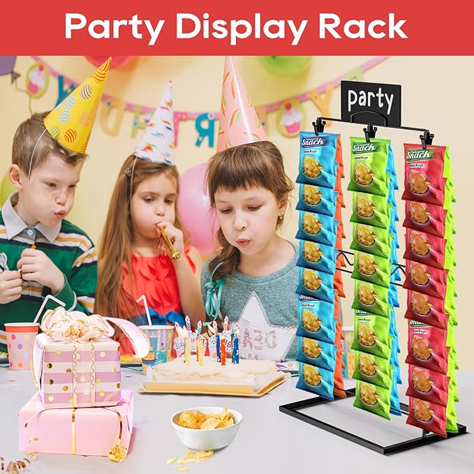 TJ.MOREE Chip Rack Display Stand, Chip Bag Holder for Party Display 3-Row 48 Clips Countertop Snack Hanger, Snack Retail Display Rack