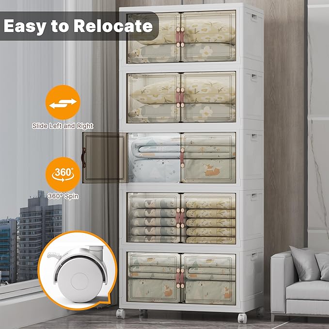 Stackable Storage Bins with Lids & Wheels & Door, Foldable Collapsible Closet Organizers, Extra Large Plastic Storage Drawers for Bedroom Dorm Office Garage (White-160QT, 5Pack with 1 top lid)