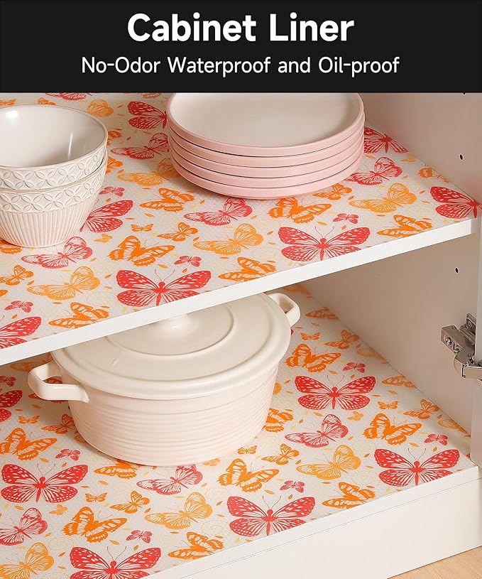 Cooyes Drawer & Shelf Liner for Kitchen Cabinets Non-Adhesive Waterproof Oilproof Reusable Washable Shelf Paper for Refrigerator, Cupboard, Dresser, Easy to Cut (Red Butterfly, 17.7" W x 78.7" L)