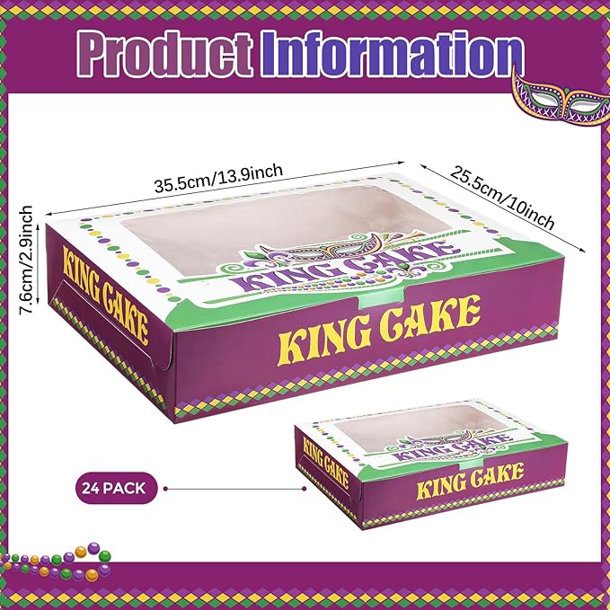 Ctosree 24 Pcs Mardi Gras King Cake Boxes with Window 14 x 10 x 3 Inches Cake Box Rectangle Cake Box Masquerade Party Goodie Gable Boxes for Mardi Gras Cake Decorating Supplies (Square Skylight)
