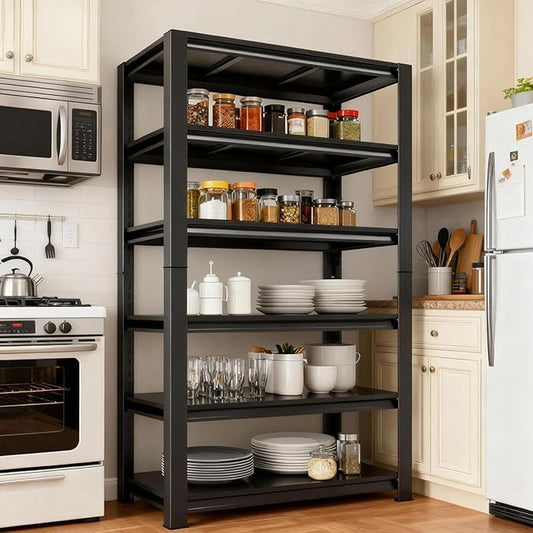 82“H Kitchen Shelves, 6-Tier Freestanding Metal Kitchen Storage Shelving Unit, Adjustable Pantry Rack, Heavy Duty Shelves Organizer, 3000 LBS Capacity, 82” H × 36” W × 16” D, Black