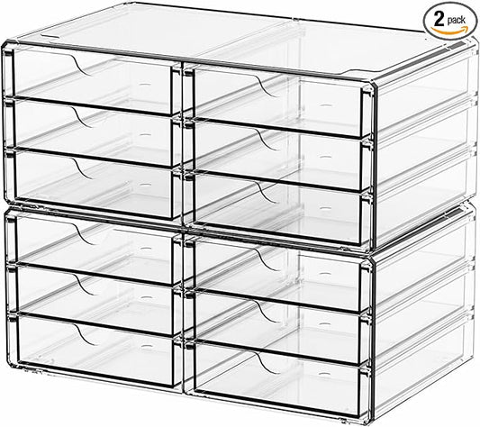 Yieach 2 Pack Acrylic Storage Drawers With 12 Small Drawer,Stackable Office Cabinet Organizer and Makeup Organizer,Clear Plastic Drawers for Craft Supply,Pen,Stationary,Accessory,Makeup,Desk Organizer