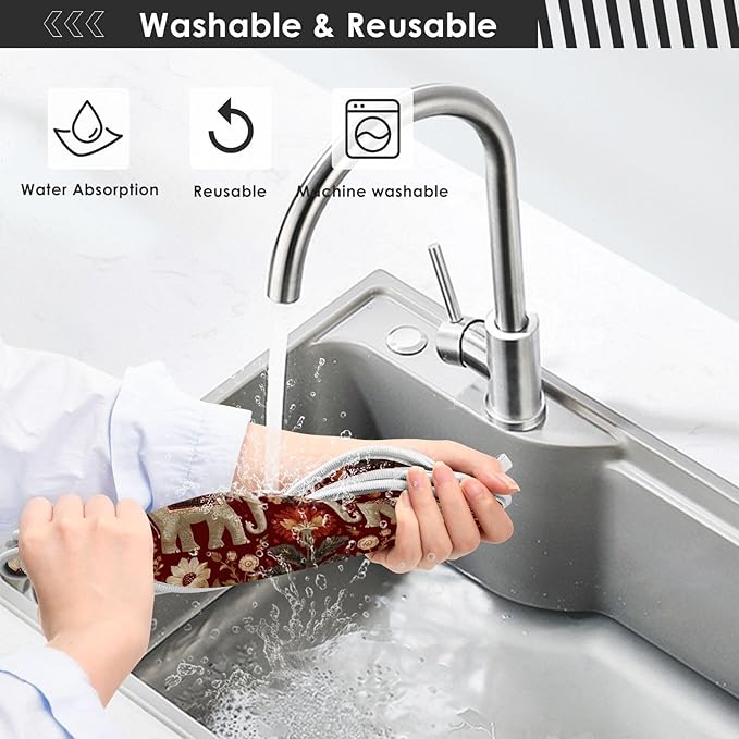 2 PCS Kitchen Sink Splash Guard 30 Inch Faucet Mat for Kitchen Sink Bathroom Sink Faucet Absorbing Drip Drain Mat Pad Microfiber Soft Washable Retro Red Elephant Flowers