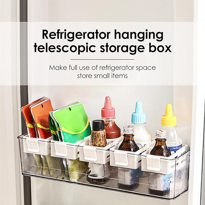5 Pack Adjustable Drawer Dividers for Fridge Side Organizer, Retractable Refrigerator Door Case with Snap-On, Plastic Fridge Accessories for Sorting Drawer and Storage (White)