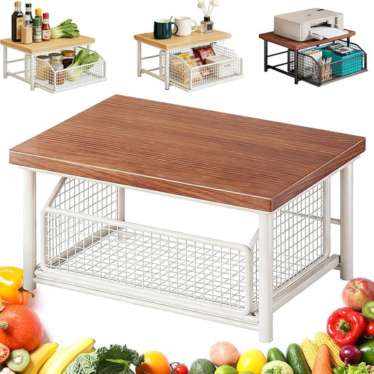 Kitchen Countertop Organizer with Drawer and Wire Basket, 2-Tier Hardwood Shelf for Microwave, Sturdy Hardwood Shelf, Space-Saving, for Storage in Family Tables, Kitchens, Bedroom Home (1, A-4)