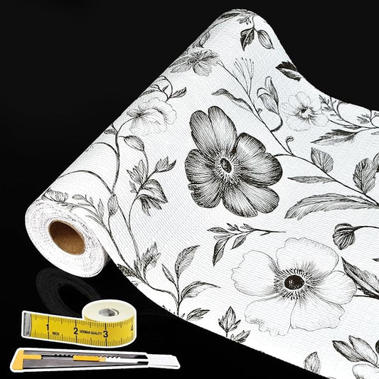 Drawer and Shelf Liner Black Flowers 12in x 20FT, Non Adhesive Anti-Slip Double Layer PVC Reusable Thickened Waterproof Easy Clean for Kitchen Cabinets Refrigerator with Knife Tape Measure