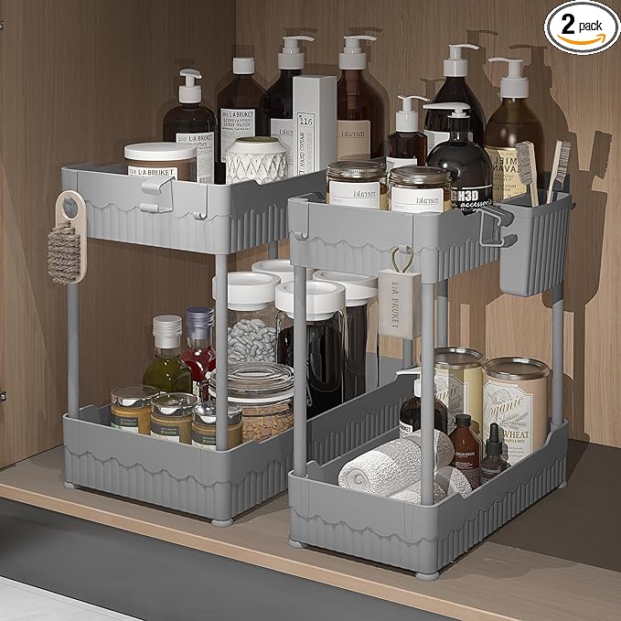 Sevenblue 2 Pack Under Sink Organizer, Under Bathroom Cabinet Organizer with Hooks Hanging Cup, Multi-Purpose Storage Shelf for Kitchen Bathroom (Gray, L)