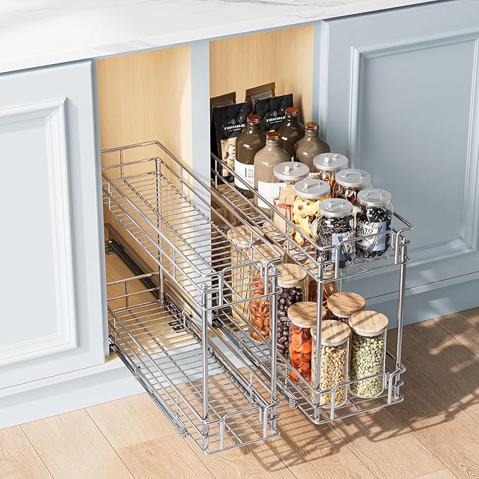 Pull Out Spice Rack Cabinet Organizer, 3 Tier Heavy Duty Slide Out Wood Shelf for Narrow Cabinet, Pull Out Storage for Kitchen (8½" W x 21½" D, 2 Tier)