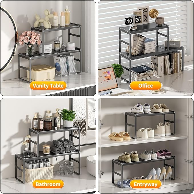 Expandable Cabinet Organizer, Metal Pantry Organizer Spice Rack Storage Shelves for RV,Kitchen, Pantry, Cupboards, Under Sink and Counter Storage,Office,Adjustable Shelf,Black Large