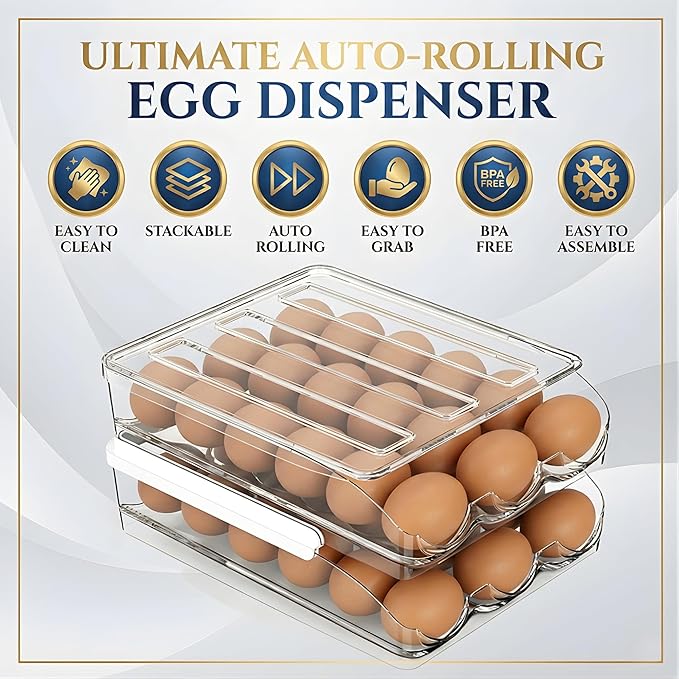 Egg Holder for Fridge, Automatic Rolling Egg Organizer for Refrigerator, Clear Plastic Storage for Refrigerator with Lid, Large Capacity Dispenser, Stackable Container (2 Layers Holder 36 Eggs)