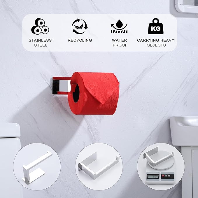 LANC Chrome Toilet Paper Roll Holder, Self-Adhesive Toilet Paper Holder Wall Mounted for Bathroom Office, Stick On Toilet Tissue Holder with No Drilling Stainless Steel Silver, A8307CP