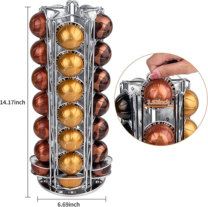 35 Coffee Pods Holder - Silver - 360° Spinning Coffee Pod Carousel Stand | Holds 35 Capsules | Compact Countertop Organizer with Silent Rotation, Durable & Modern