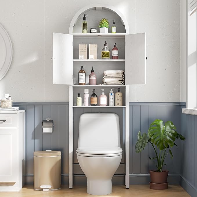 White Over The Toilet Storage Cabinet with Fluted Doors, 4 Tier Small Bathroom Shelf Organizer, Arched Bathroom Cabinet with Adjustable Shelf, Slim Narrow Toilet Rack, Wood, Anti-Tipping Device